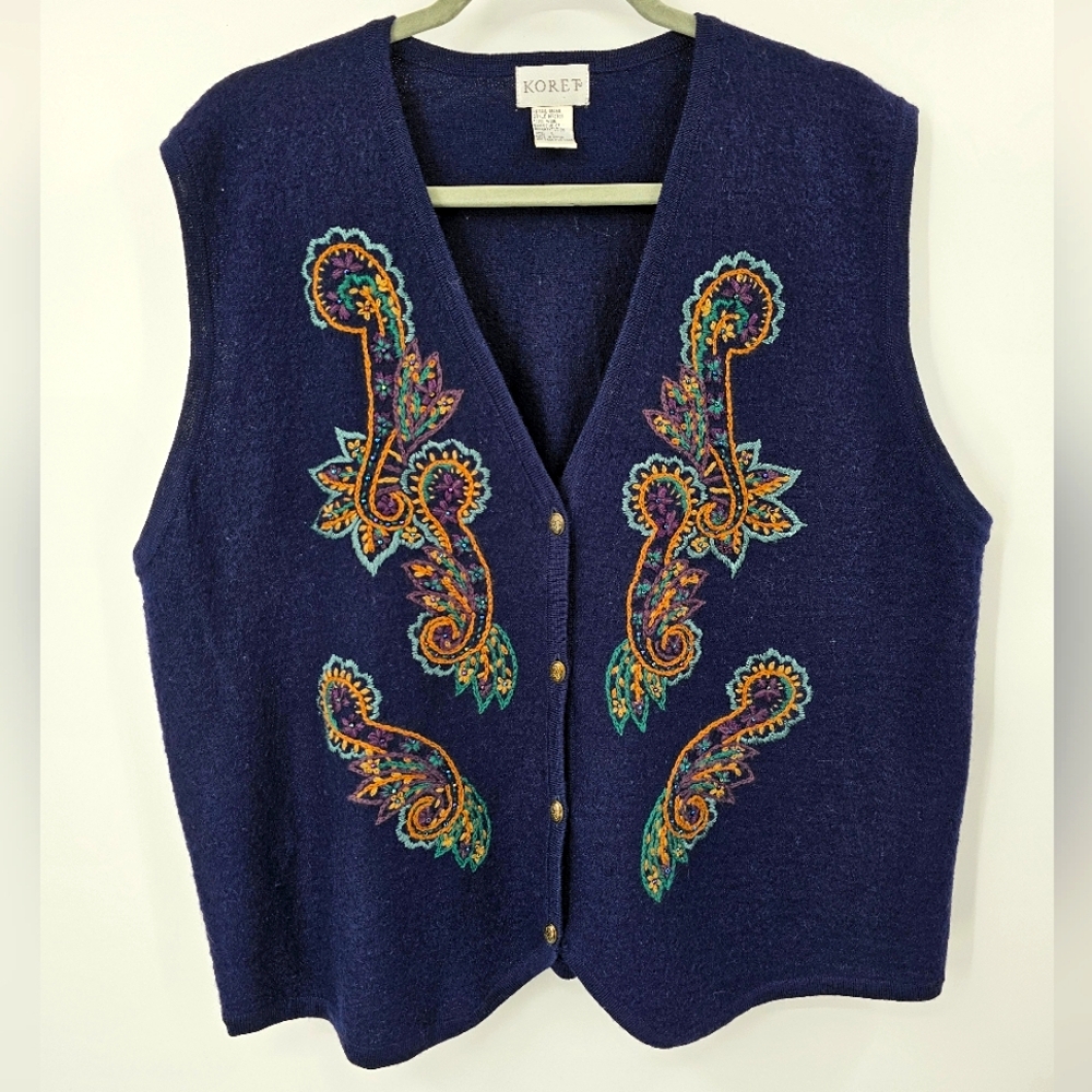 Koret Blue Vintage Wool Embroidered Vest Size Large